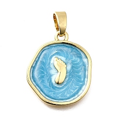 Светло-Голубой Латунь эмаль подвески, реальный 18 k позолоченный, плоский круглый с подвесками в виде следа, Небесно-голубой, 18x15x2 мм, отверстие : 5x2.5 мм