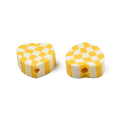 Yellow Handmade Polymer Clay Beads, Heart with Tartan, Yellow, 9x10x4mm, Hole: 1.5mm