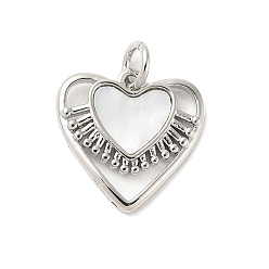 Платина Подвески в виде сердечек из натуральной белой ракушки из латуни с соединительными кольцами, долговечный, без свинца и без кадмия, стойки покрытие, платина, 15x15x2 мм, отверстие : 3 мм