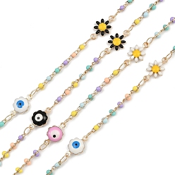 Золотой Латунный цветок с цепями от сглаза, с эмалью с долговечным покрытием, стойки покрытие, без свинца и без кадмия, несварные, ручной работы из бисера цепи, золотые, 5.5x1.8x3 мм