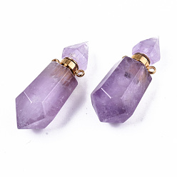 Amethyst Faceted Natural Amethyst Pendants, Openable Perfume Bottle, with Golden Tone Brass Findings, Hexagon, 40~41.5x15x13.5mm, Hole: 1.8mm, Bottle Capacity: 1ml(0.034 fl. oz)