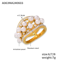 Золотой Кольца из нержавеющей стали, с имитацией жемчуга и прозрачным фианитом, для женщин, золотые, размер США 8 (18.1 мм)