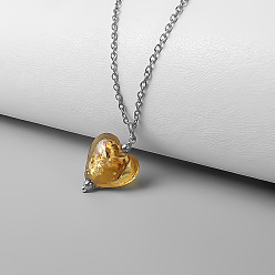 Sandy Brown Handmade Lampwork Heart Pendant 201 Stainless Steel Cable Chain Necklaces for Women, Stainless Steel Color, Sandy Brown, 15.75 inch(40cm)