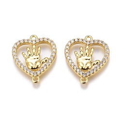 Real 18K Gold Plated Brass Micro Pave Clear Cubic Zirconia Pendants, Long-Lasting Plated, Heart with Hand, Real 18K Gold Plated, 16.5x14x2.5mm, Hole: 1mm
