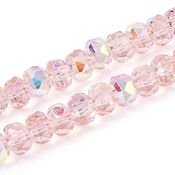 Розовый Гальванизируйте прозрачное стекло бисер нитей, рондель, граненые, с покрытием AB цвета, туманная роза, 5.5~6.5x3.5~4.5 мм, отверстие : 1~1.4 мм, около 91~100 шт / нитка, 14.17~17.32 дюйм (36~44 см)
