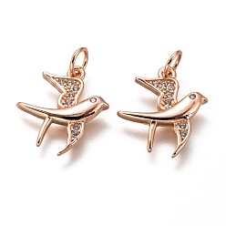 Розовое Золото Латунные микропаве прозрачные подвески с фианитом, долговечный, с целью перехода в кольце, птица, розовое золото , 16x14x2 мм, Перейти кольцо: 5x1 мм, 3 мм внутренним диаметром