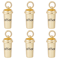 Настоящее золото 18K 8 латунные подвески шт., с прыжковых колец, долговечный, кофейная чашка со словом кофе, реальный 18 k позолоченный, 15x7.5 мм, отверстие : 3 мм