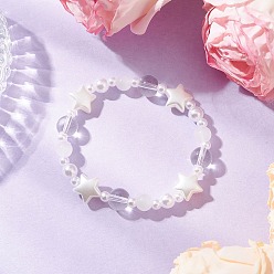 Белый АБС-пластик, искусственный жемчуг и стеклянные бусины, эластичные браслеты для женщин, круглый и звездный, белые, внутренний диаметр: 1-7/8 дюйм (4.7 см)