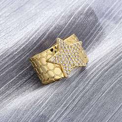 Звезда Латунные кольца-манжеты с микропаве и прозрачным цирконием для женщин, долговечный, без свинца и без кадмия, реальный 18 k позолоченный, звезда, 15x16.5 мм