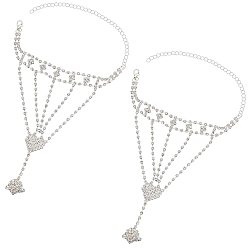 Серебро 2шт. браслет с теннисным кольцом и кристаллами из горного хрусталя, латунный браслет-цепочка с регулируемым кольцом на палец, ручная цепочка для женщин, серебряные, 6-5/8 дюйм (16.8 см), внутренний диаметр: 5/8 дюйм (1.68 см)