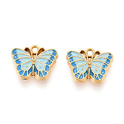 Светло-голубой 304 подвески из нержавеющей стали и эмалевой блестящей пудры, бабочки прелести, ионное покрытие (ip), реальный 18 k позолоченный, светло-голубой, 11x13.2x2.2 мм, отверстие : 1.2~1.4 мм