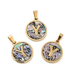 Letter Y Вакуумное покрытие pvd 304 нержавеющая сталь с подвесками из ракушек пауа, золотые, плоский круглый с подвеской в виде буквы, letter.y, 18x16x1.5 мм, отверстие : 3x6 мм