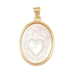 Сердце Овальные подвески из натуральной белой ракушки, с латунной, реальный 18 k позолоченный, долговечный, без кадмия и без свинца, стойки покрытие, сердце, 25x17x3.5~4.5 мм, отверстие : 4.5x3.5 мм