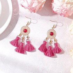 Средний Фиолетово-красный Плоские круглые 304 серьги-люстры из нержавеющей стали с кисточками из поликоттона, с латунными звеньями-элементами люстры цвета синтетической бирюзы, окрашенными в паве, и латунными проставками, золотые, средне фиолетовый красный, 74 мм