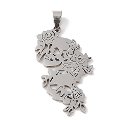 Stainless Steel Color Non-Tarnish 201 Stainless Steel Pendants, Skull Charm, Stainless Steel Color, 47.5x25x1.5mm, Hole: 4x7mm