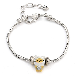 Золотистый Латуни европейские браслеты, с эмалевой подвеской, кошка, золотые, 7-1/8 дюйм (18.2 см)