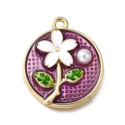Фиолетовый Подвески из эмали и сплава, с ABS имитации жемчуга, плоские круглые с цветком, стойки покрытие, долговечный, без свинца, без кадмии и без никеля, золотые, фиолетовые, 24x21.5x5 мм, отверстие : 1.8 мм