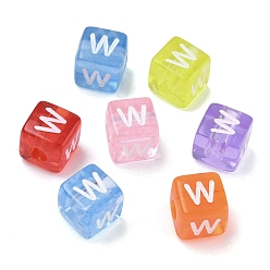 Letter W Прозрачные акриловые бусины, окрашенные спреем, куб с письмом, разноцветные, Буква W, 9.5x9.5x10 мм, отверстие : 3.8 мм, Около 570 шт / 500 г