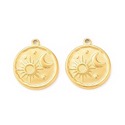 Real 18K Gold Plated 304 Stainless Steel Pendant Rhinestone Settings, Flat Round with Sun & Moon, Real 18K Gold Plated, Fit for 3mm Rhinestone, 21x18x2mm, Hole: 1.6mm