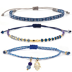Синий 3шт. 3 стильный регулируемый браслет из нейлонового шнура в богемном стиле, браслет из стеклянных бусин и 304 набор браслетов с подвеской в виде руки Хамса из нержавеющей стали для женщин, синие, 11.02 дюйм (28 см)