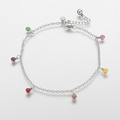 Colorful 304 Stainless Steel Charm Anklets, with Enamel Charms, Flat Round, Platinum, Colorful, 10-5/8 inch(270mm), 2mm