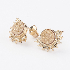 Персиковый Слойка Галька натуральный druzy агат серьги стержня, с латунной фурнитурой , солнце, золотые, розовые, 10x14x3~4 мм , штифт: 0.8 мм