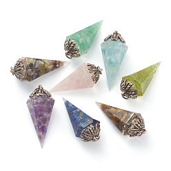 Mixed Stone Resin Pointed Pendants, with Natural Mixed Gemstone Inside and Red Copper Brass Findings, Faceted, Cone/Spike/Pendulum, 43.5x17x19.5mm, Jump Ring: 6x1mm, 4mm Inner Diameter