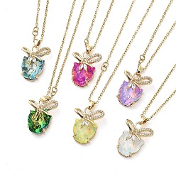 Mixed Color Tiger with Bowknot Light Gold Brass Micro Pave Cubic Zirconia Pendant Necklaces, with Glass, Mixed Color, 16.42 inch(41.7cm)