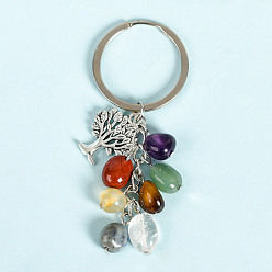 Mixed Stone Natural Gmestone Cluster Keychain, Tumbled Stone, Alloy Tree of Life Charms Keychain, 8.3cm