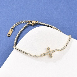 Настоящее золото 18K 304 Браслеты из нержавеющей стали с цепочками для женщин, крестик, вакуумное покрытие pvd, реальный 18 k позолоченный, 19.3x0.2 см