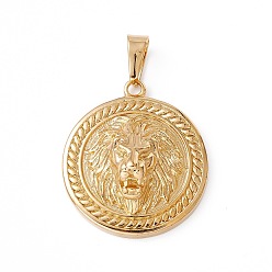 Золотой Вакуумное покрытие pvd 304 подвески из нержавеющей стали, плоский круглый лев, золотые, 35x31x11 мм, отверстие : 9x5 мм