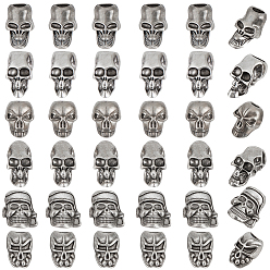 Antique Silver 30Pcs 6 Styles Tibetan Style Alloy European Beads, Large Hole Beads, Skull, Antique Silver, 14.5~20.5x10.5~14.5x8.5~12mm, Hole: 4.5~6.5mm, 5pcs/style