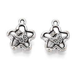 Античное Серебро Подвески из сплава в тибетском стиле, со стразами, цветок и бабочка, античное серебро, 15x13x5 мм, отверстие : 1.4 мм