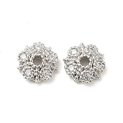 Platinum Brass Cubic Zirconia Bead Cap, Long-Lasting Plated, Lead Free & Cadmium Free, Flower, Platinum, 8x8x2.5mm, Hole: 1.6mm