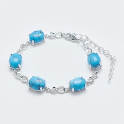 Synthetic Turquoise Synthetic Turquoise Link Chain Bracelets, with Brass Findings, Real Platinum Plated, Oval and Infinity, 5-3/4 inch~6 inch(14.5~15cm)
