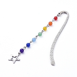 Colorful Chakra Theme, Tibetan Style Alloy Bookmarks, with Natural & Dyed Malaysia Jade Beads and 304 Stainless Steel Pendants, Star, Colorful, Pendants: about 86x12.5x4.5mm, 84x4.5x1.3mm