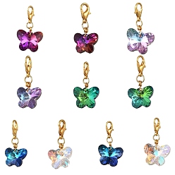 Золотой 10шт. стеклянные бабочки подвесные украшения, Сплав с застежками когтя омара, разноцветные, золотые, 26~28.5 мм