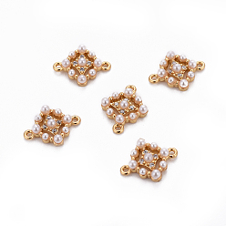 Golden Brass Micro Pave Cubic Zirconia Links connectors, with Plastic Imitation Pearl, Rhombus, Golden, 10x12.5x3mm, Hole: 0.8mm
