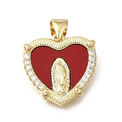 Dark Red Religion Brass & Clear Cubic Zirconia & Acrylic Pendants, Heart with Virgin Mary Pattern Charms, Real 16K Gold Plated, Dark Red, 16.5x16.5x3mm, Hole: 4x3mm