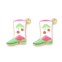 Light Green Printed Brass Pendants, Cowboy Boot with Cherry Charms, Rack Plating, Long-Lasting Plated, Lead Free & Cadmium Free, Real 18K Gold Plated, Light Green, 19x15x3.5mm, Hole: 1.7mm