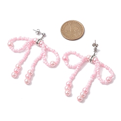 Rose Nacré Boucles d'oreilles pendantes avec nœud papillon en graines de verre et imitation de perles, 304 boucles d'oreilles longues en acier inoxydable, perle rose, 67x47mm