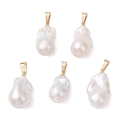 Золотой Подвески из натурального барочного жемчуга кеши, Подвески-самородки с латунной застежкой на дужке, цветочный белый, золотые, 24.5~27.5x13.5~16x13~15 мм, отверстие : 7x3.4 мм