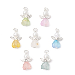 Серебро 7шт. подвески из матового прозрачного акрила и стеклянного жемчуга, со сплавочной фурнитурой, Ангел с сердцем, серебряные, 20.5x14x5.5 мм, отверстие : 3.5 мм