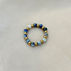 (306FM) Жонкиль матовый с лаймовой подкладкой 201 Кольца из нержавеющей стали с круглыми бусинами из натуральной яшмы с синими пятнами, золотые, внутренний диаметр: 17 мм