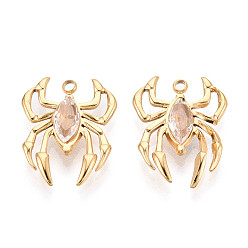 Прозрачный 304 подвески из нержавеющей стали и страз, прелести паука, вакуумное покрытие pvd, реальный 18 k позолоченный, прозрачные, 19x15x3~3.5 мм, отверстие : 1.5~1.6 мм