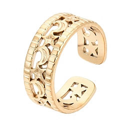 Chapado en Oro Real 18K 304 brazaletes abiertos de acero inoxidable para mujer, luna con estrellas, revestimiento de iones (ip), acabado pulido espejo, real 18 k chapado en oro, 7.5 mm, tamaño de EE. UU. 7 1/4 (17.5 mm)