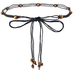 Черный 1 шт. пояса из вощеного шнура в этническом стиле, плетеные из веревки, пояс с кисточками, узел на талии, тонкие ремни с круглыми деревянными бусинами, чёрные, 1700x13x12 мм