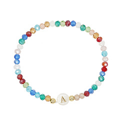 Letter A Handgefertigte, farbenfrohe, facettierte Rondelle-Glasperlen-Stretcharmbänder im Bohème-Stil, Armbänder aus naturweißen Muscheln mit Alphabetmotiven für Damen, Buchstabe a, Innendurchmesser: 2.36 Zoll (6 cm)