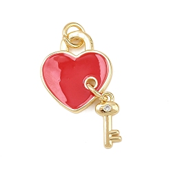 Красный Латунные микропаве прозрачные подвески с фианитом, сердце с ключом, Эмаль стиле, с целью перехода в кольце, без кадмия и без свинца, стойки покрытие, долговечный, реальный 18 k позолоченный, красные, 25x14x2 мм, отверстие : 3 мм