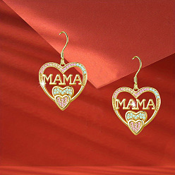 Золотой Серьги-подвески из сплава со стразами ко Дню матери, сердце со словом мама, золотые, 43x24 мм